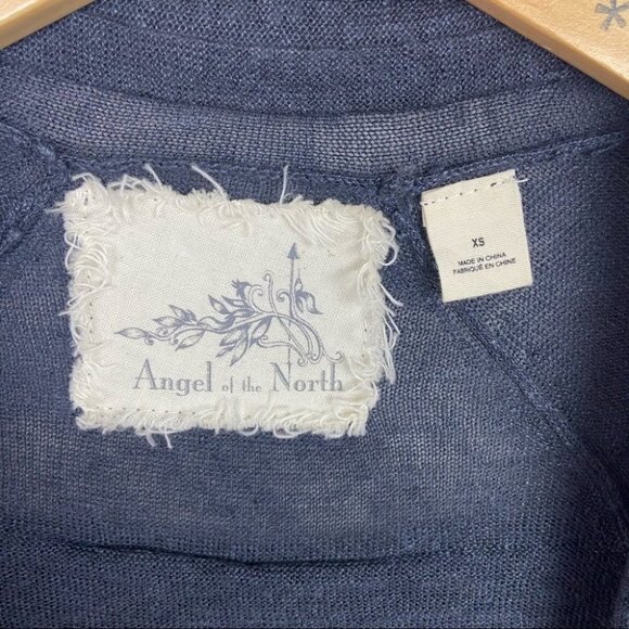 Anthropologie Linen Ruffle Back Tiered Open Cardigan Navy Blue Size XS Boho Knit - Picture 3 of 11